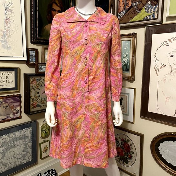 60s Vintage Pink Green Yellow Psychedelic Wide Collar Shirt Dress with Glass But - Picture 1 of 7